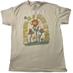DOM Adult Medium Tee Shirt Happiness Is A State Of Mind Mushroom Smiley Hippy